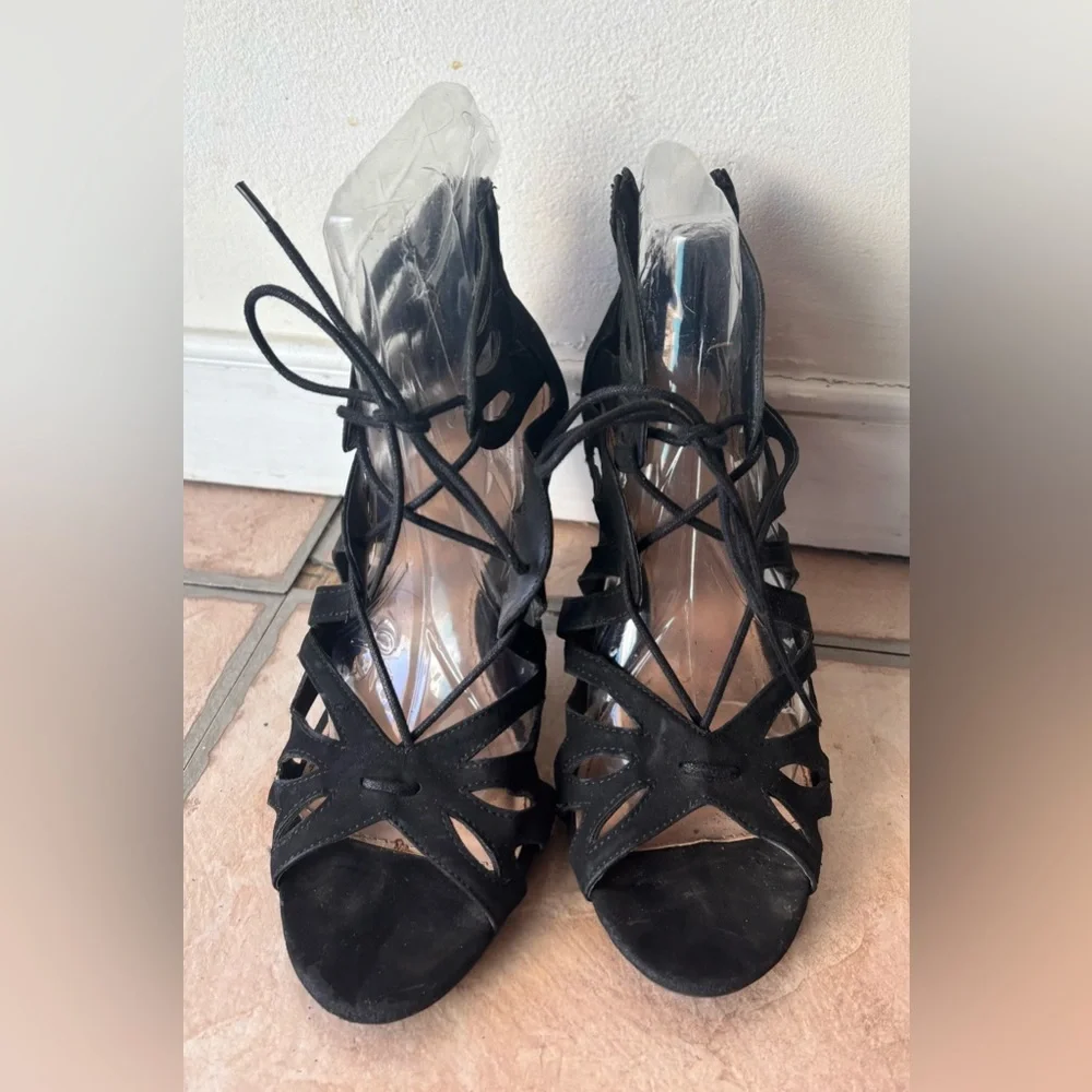 Christian Sirano Women’s Lace up Open Toe Heels in Black Sz 9